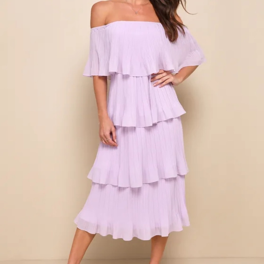 Gala Ready Lavender Off-the-Shoulder Ruffle Midi Dress
